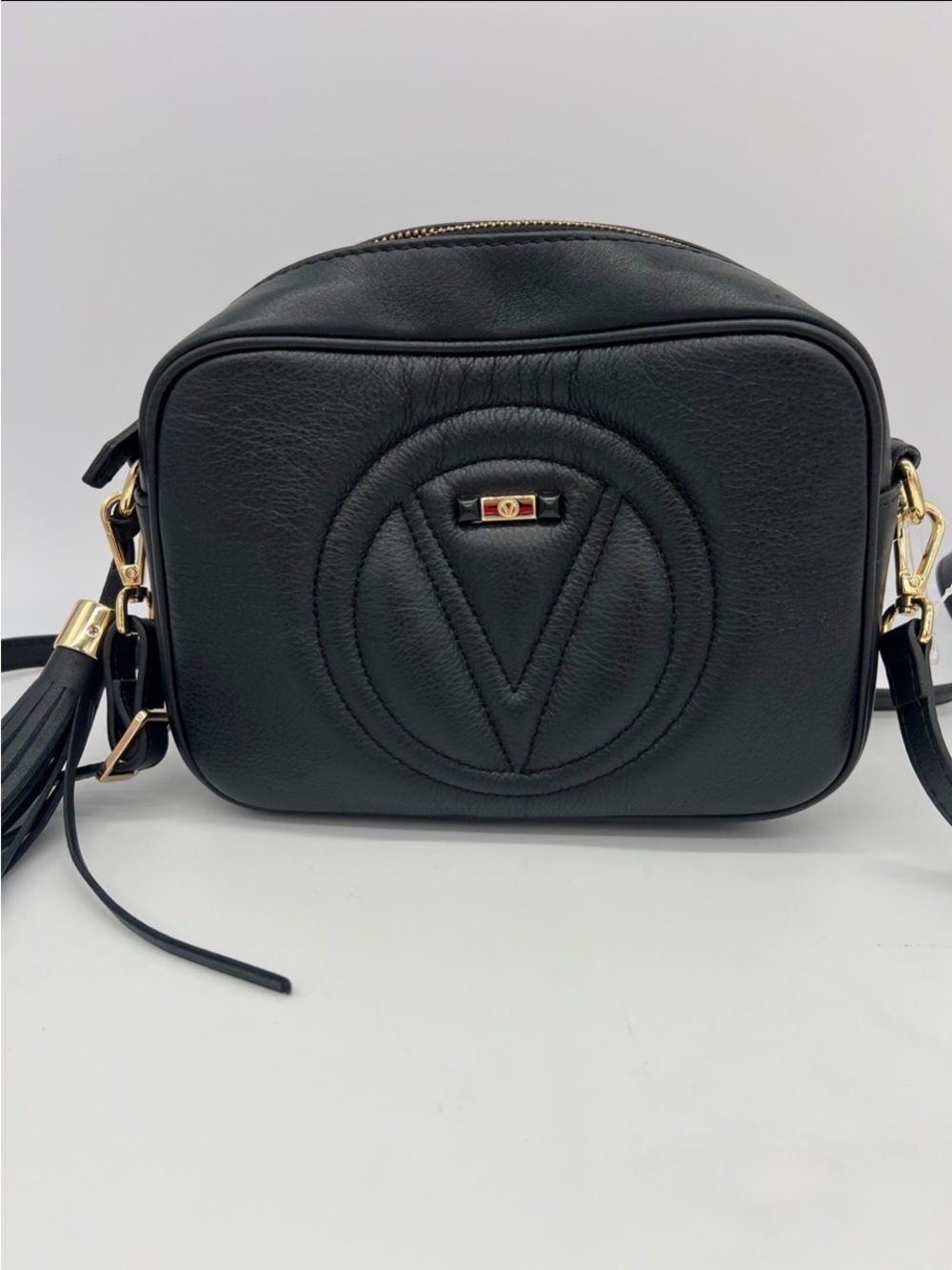 Valentino by Mario Valentino Black Leather V-Logo Crossbody bag